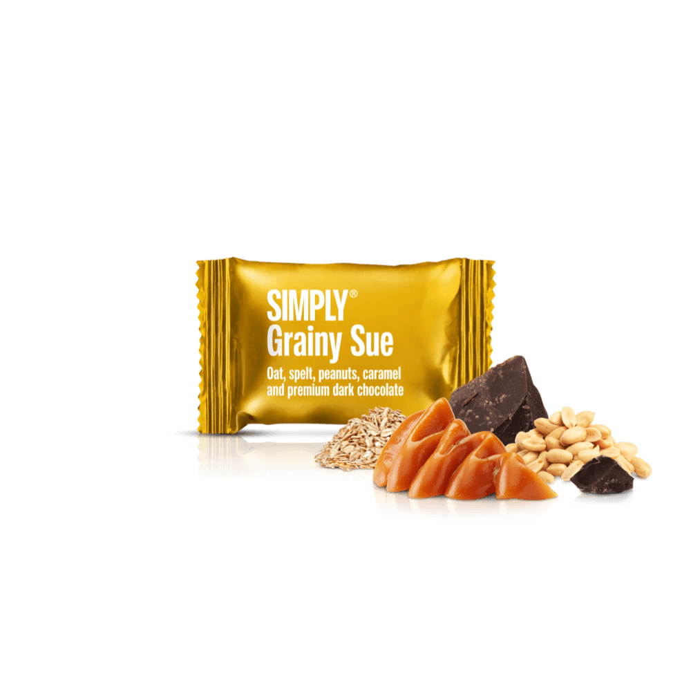 Grainy Sue - 75 stk. box | Havre, spelt, karamel, peanuts og mørk chokolade