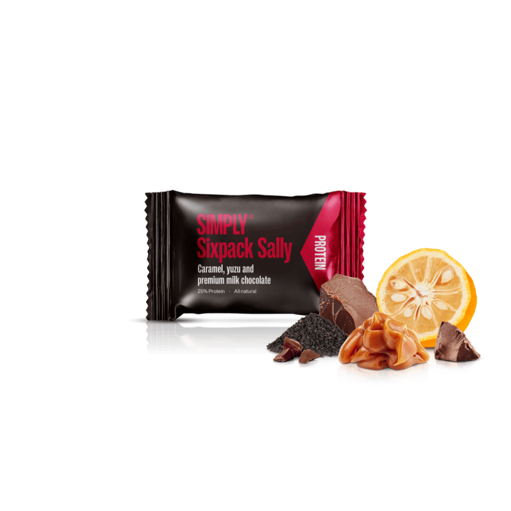 Protein bites - Karamel, yuzu, sesam og premium mælkechokolade | Simply® Sixpack Sally - 75 stk.
