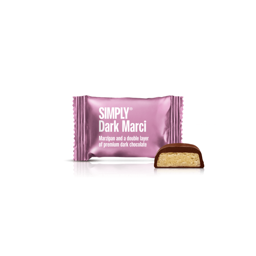 Dark Marci 75 stk. box | Marcipan og et dobbelt lag mørk chokolade