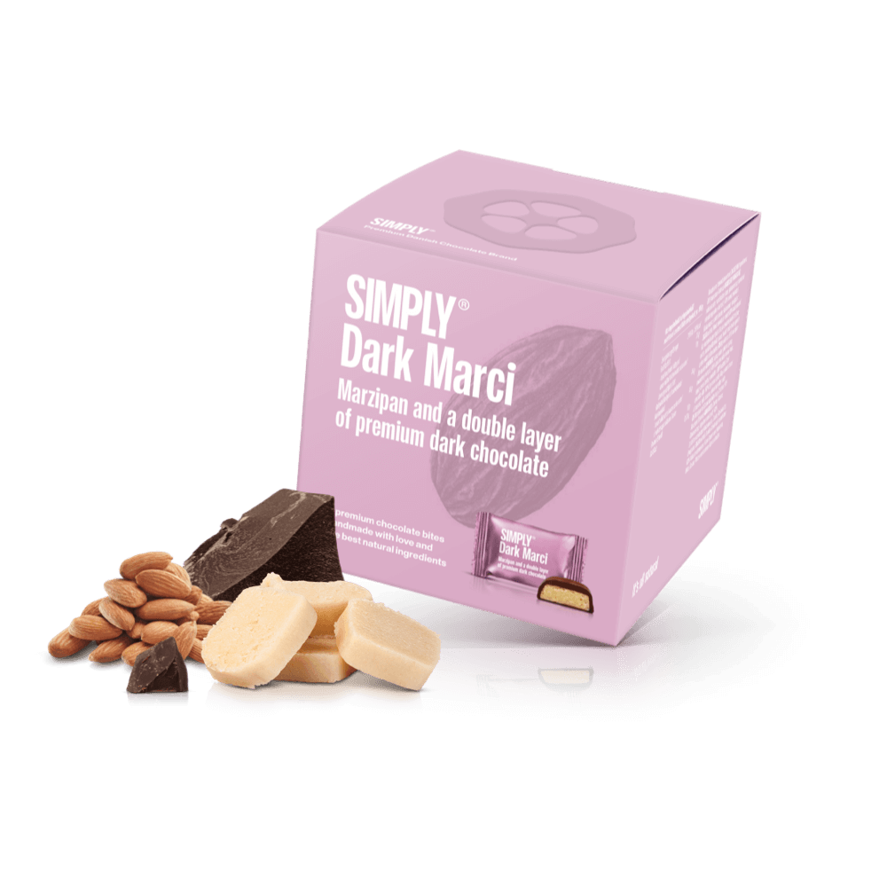 Simply® Dark Marci - Cube med bites | Marcipan og et dobbelt lag premium mørk chokolade