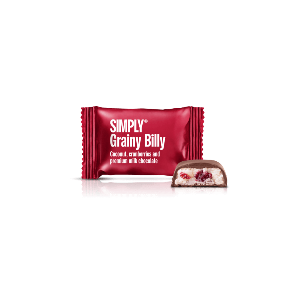 Simply® Grainy Billy - 75 Bites | Kokos, tranebær og premium mælkechokolade