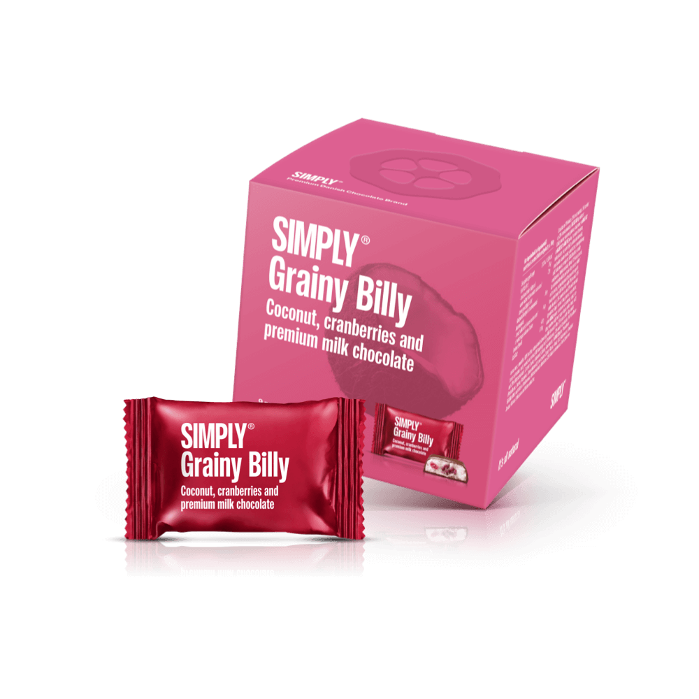 Simply® Grainy Billy - Cube med bites | Kokos, tranebær og premium mælkechokolade