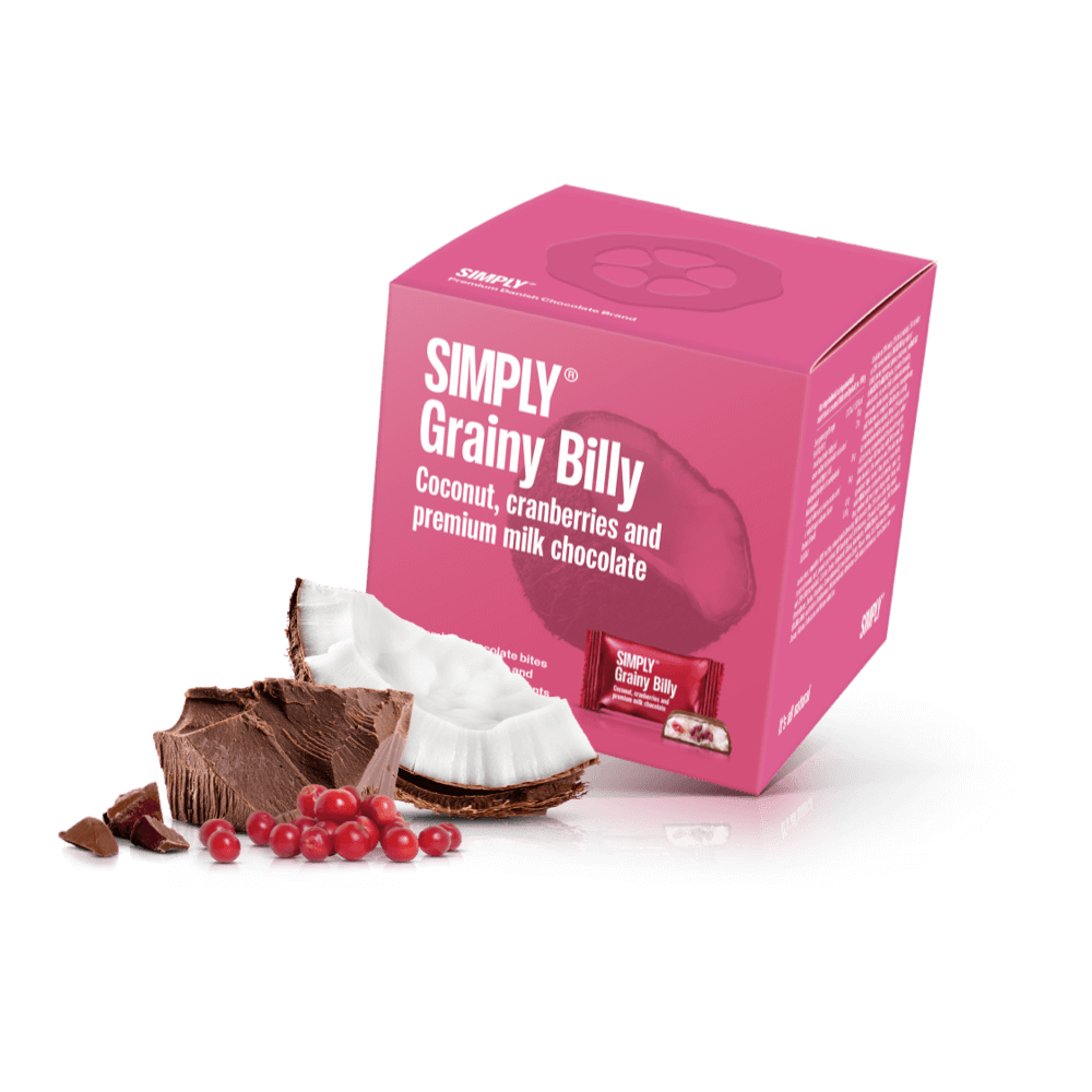 Simply® Grainy Billy - Cube med bites | Kokos, tranebær og premium mælkechokolade