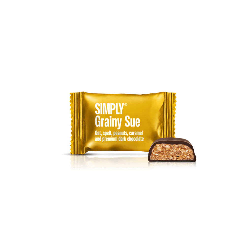 Simply® Grainy Sue - 75 Bites | Havre, spelt, karamel, peanuts og premium mørk chokolade