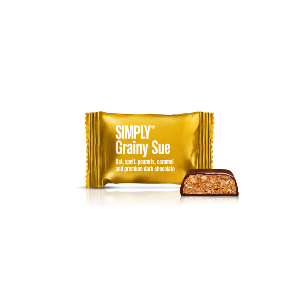 Grainy Sue - Cube med bites | Havre, spelt, karamel, peanuts og mørk chokolade
