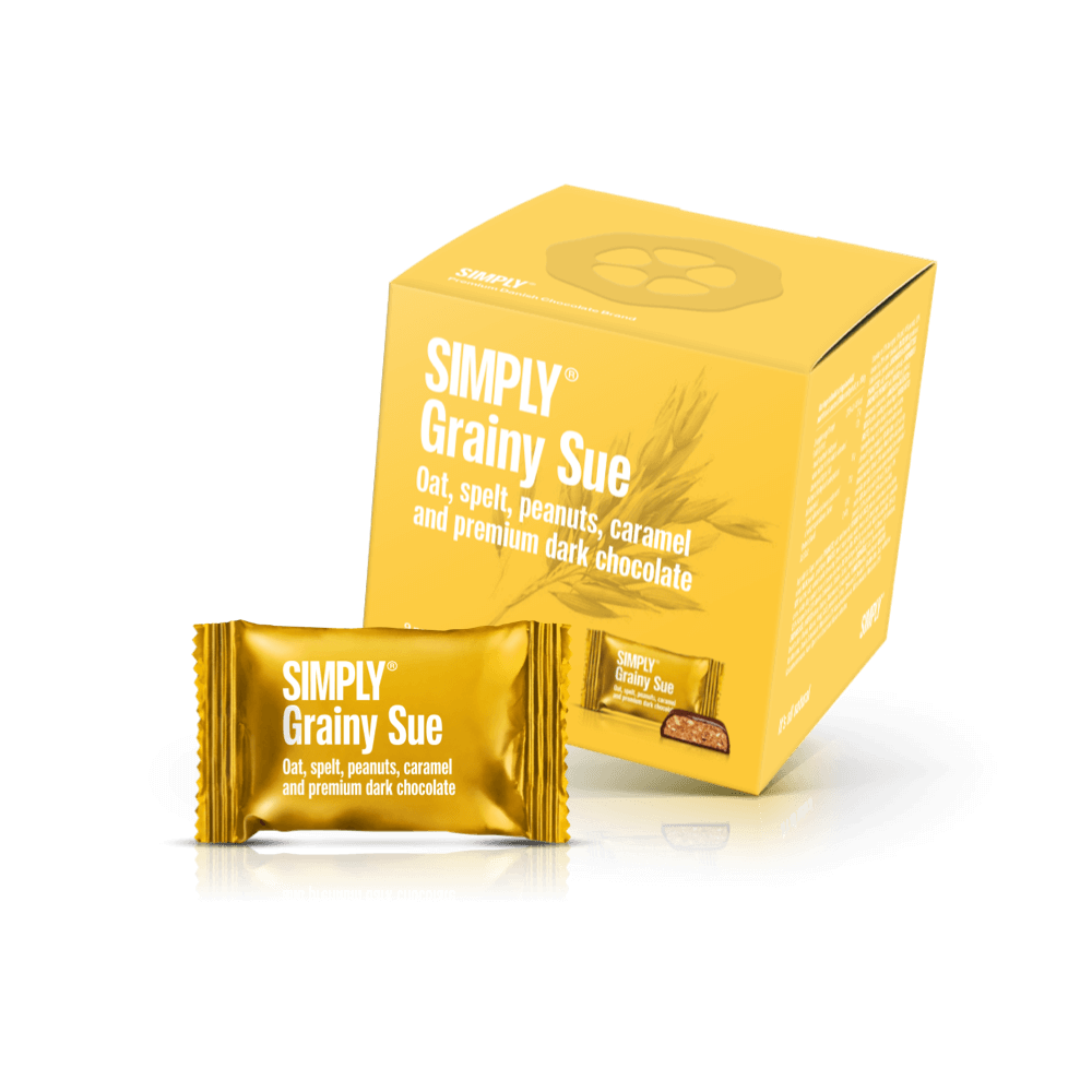 Simply® Grainy Sue - Cube med bites | Havre, spelt, karamel, peanuts og premium mørk chokolade