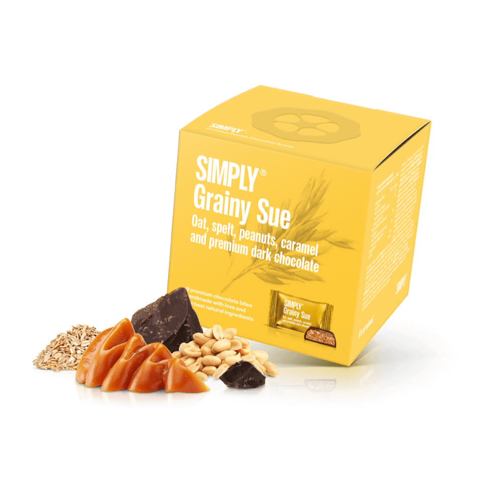 Simply® Grainy Sue - Cube med bites | Havre, spelt, karamel, peanuts og premium mørk chokolade