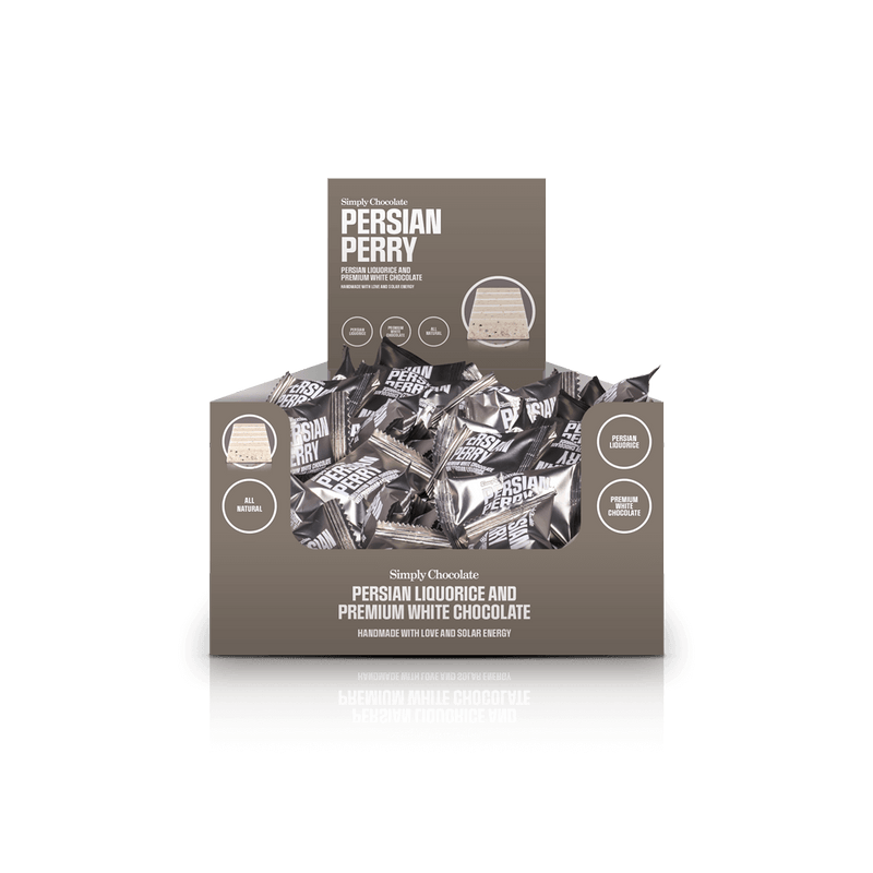 Persian Perry - Box med 75 stk. bites | Persisk lakrids og premium hvid chokolade