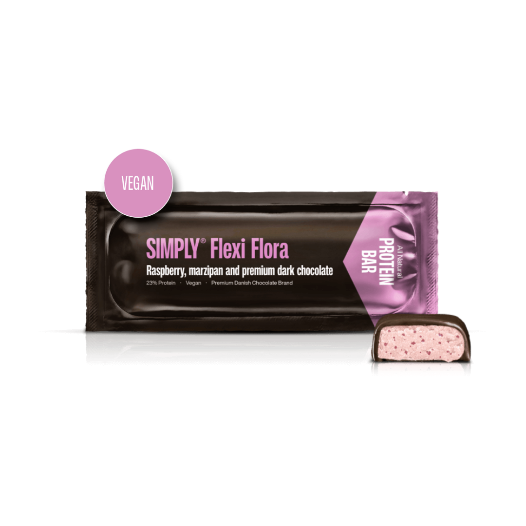 Simply® Flexi Flora Proteinbar | Hindbær, marcipan og premium mørk chokolade