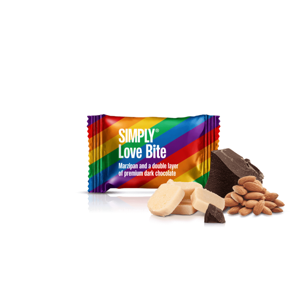 Simply® Love - 75 Bites | Marcipan og et dobbelt lag premium mørk chokolade