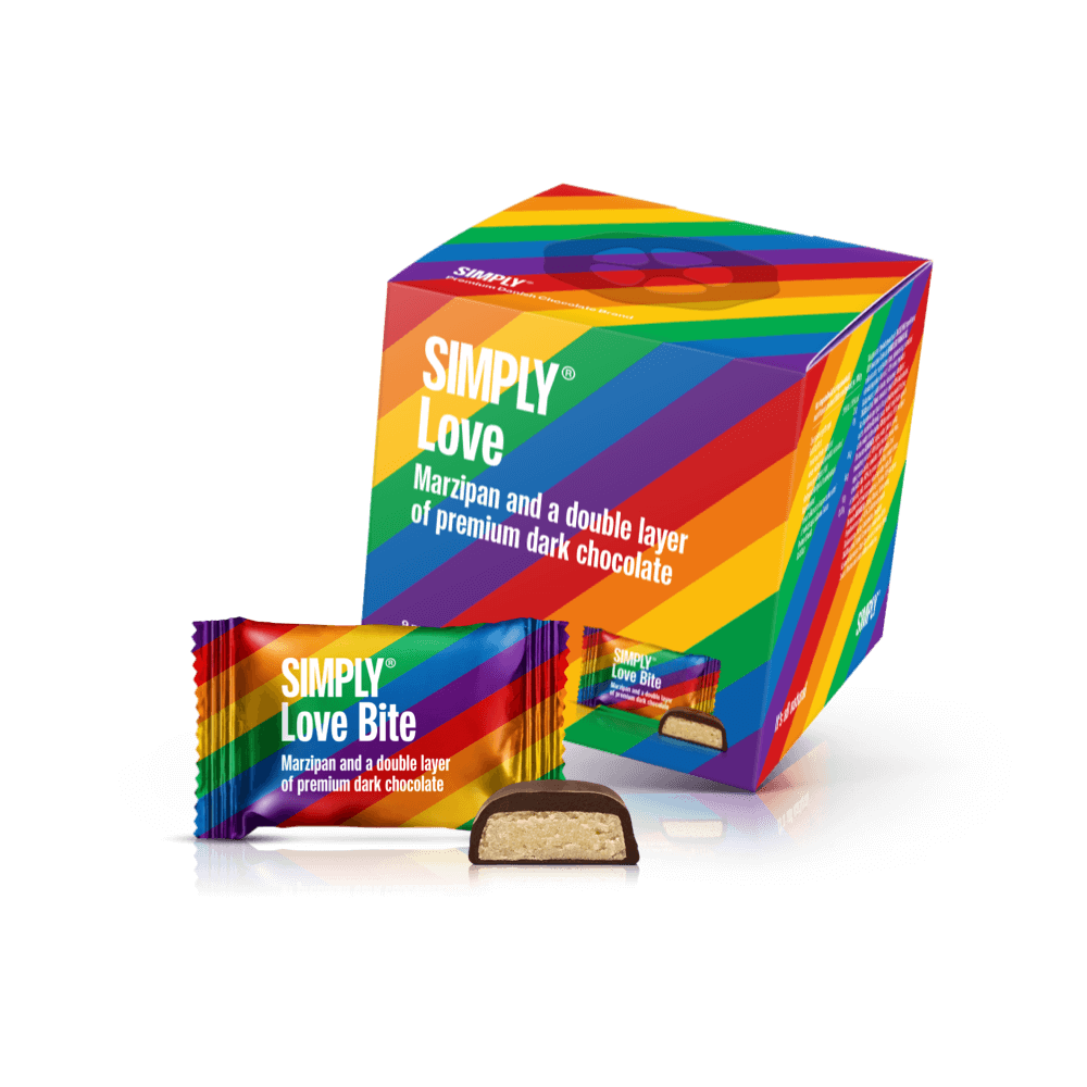 Simply® Love - Cube med bites | Marcipan og et tykt lag premium mørk chokolade