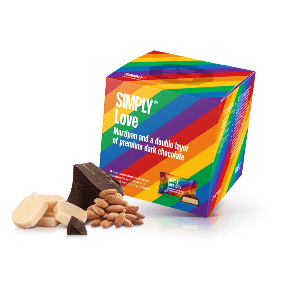 Simply® Love - Cube med bites | Marcipan dobbeltovertrukket med premium mørk chokolade