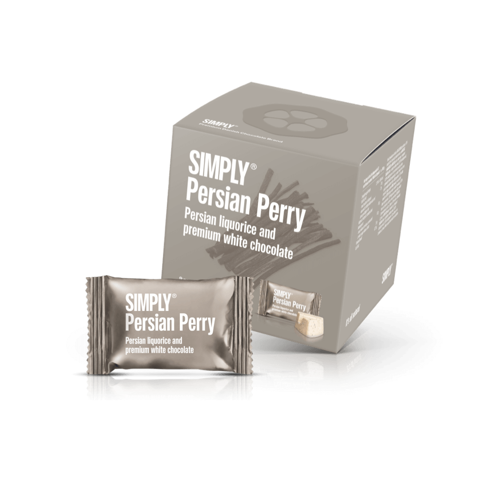 Simply® Persian Perry - Cube med bites | Persisk lakrids og premium hvid chokolade