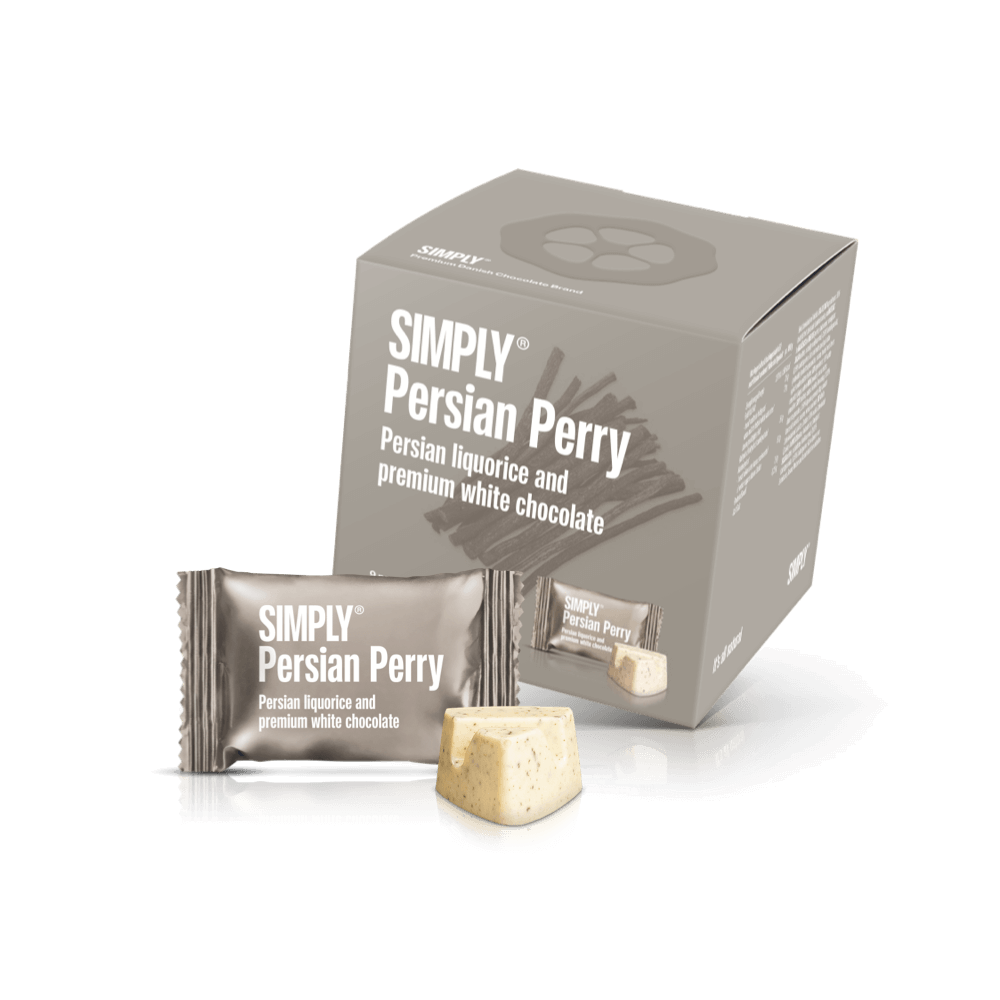 Simply® Persian Perry - Cube med bites | Persisk lakrids og premium hvid chokolade