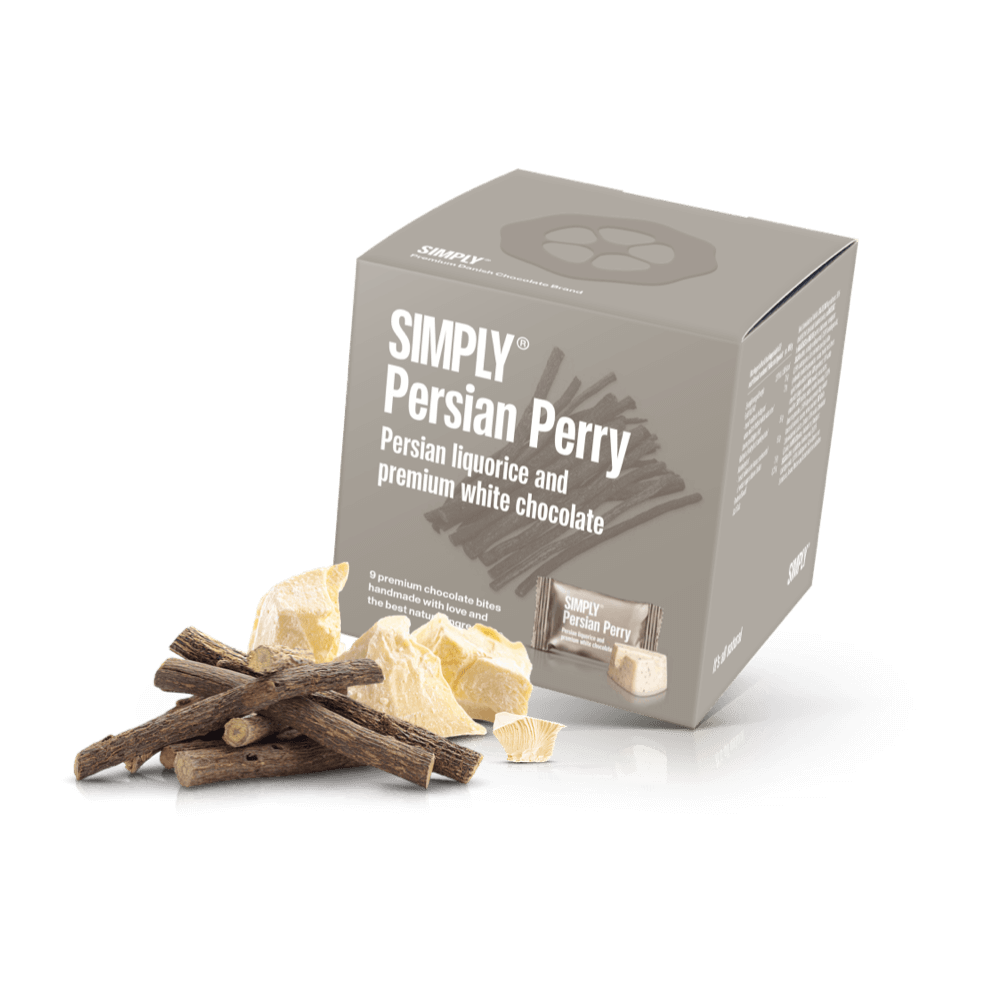 Simply® Persian Perry - Cube med bites | Persisk lakrids og premium hvid chokolade