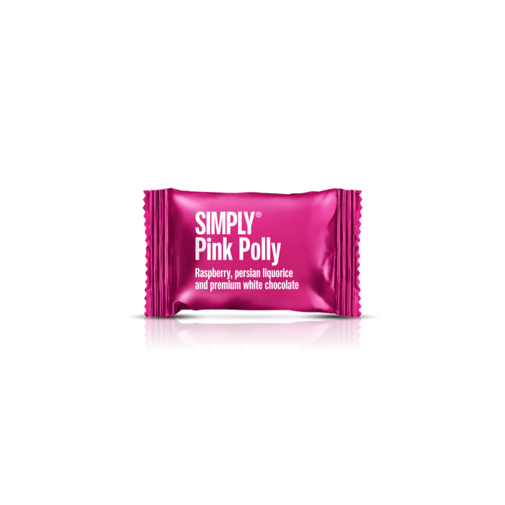 Simply® Pink Polly - 75 Bites | Hindbær, persisk lakrids og premium hvid chokolade