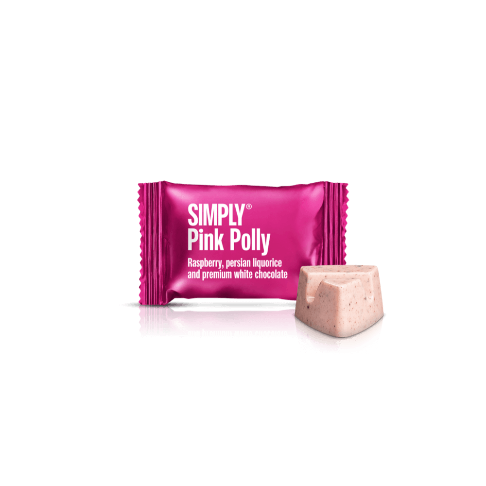 Simply® Pink Polly - Cube med bites | Hindbær, persisk lakrids og premium hvid chokolade