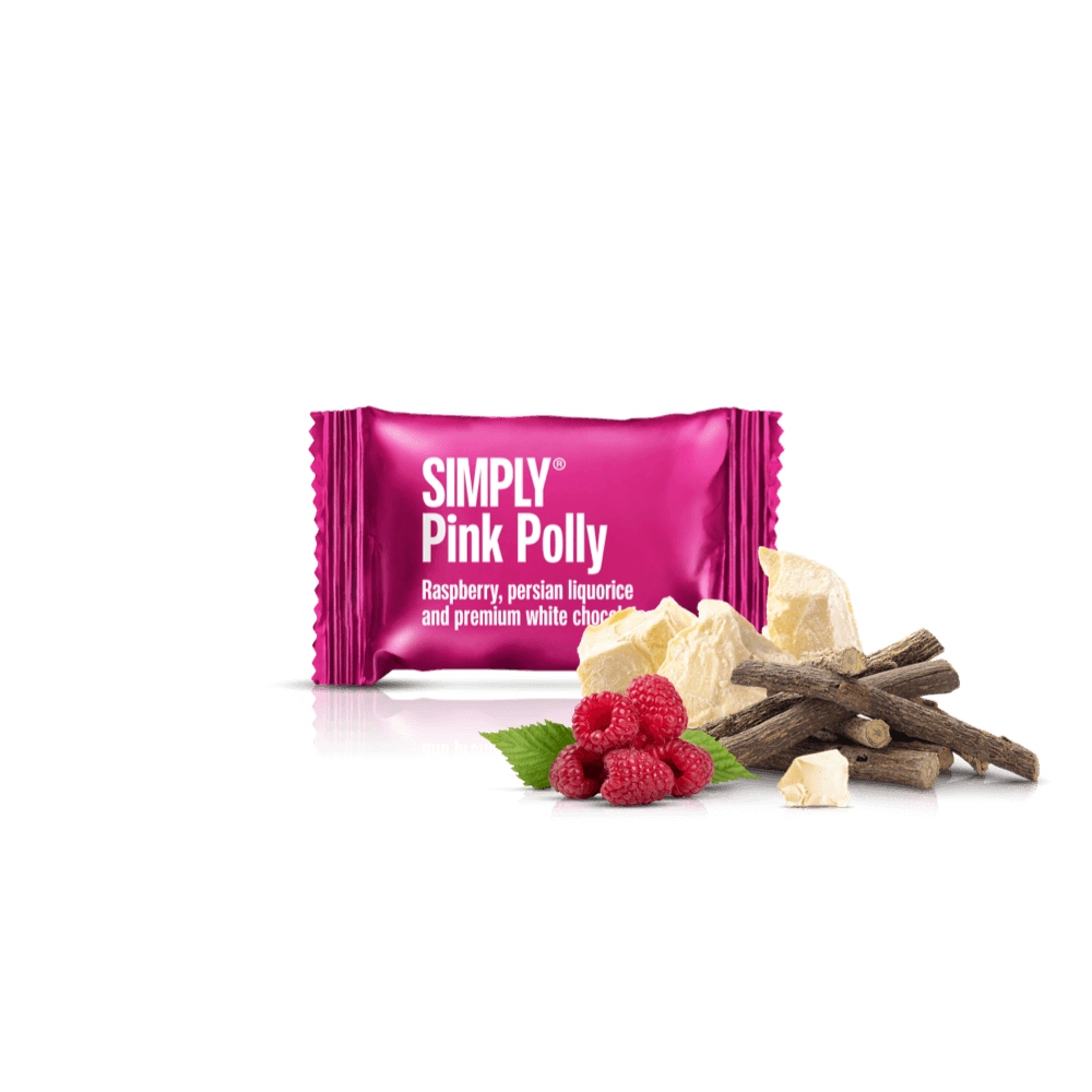 Pink Polly - 75 stk. box | Hindbær, persisk lakrids og hvid chokolade