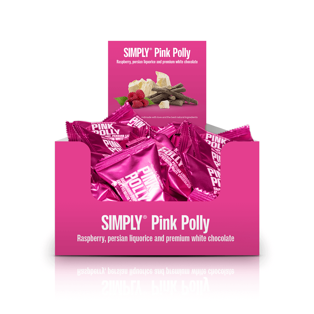 Simply® Pink Polly - 75 Bites | Hindbær, persisk lakrids og premium hvid chokolade