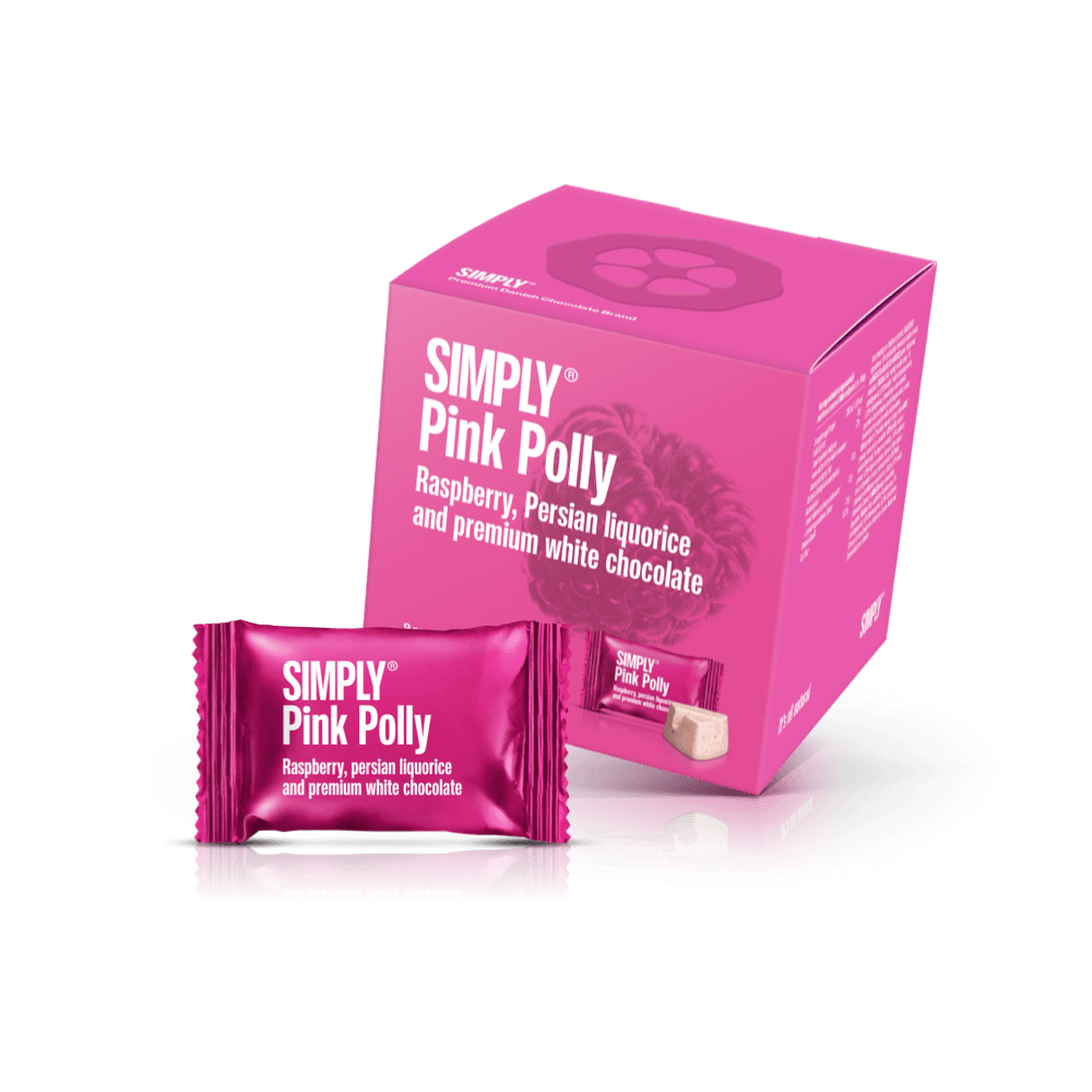 Simply® Pink Polly - Cube med bites | Hindbær, persisk lakrids og premium hvid chokolade