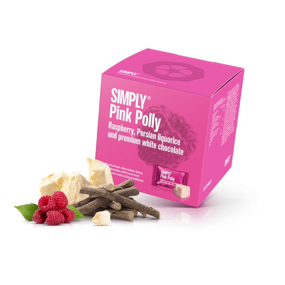 Simply® Pink Polly - Cube med bites | Hindbær, persisk lakrids og premium hvid chokolade