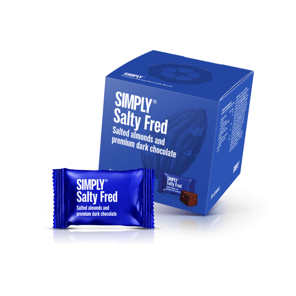 Simply® Salty Fred - Cube med bites | Saltede, ristede mandler med premium mørk chokolade