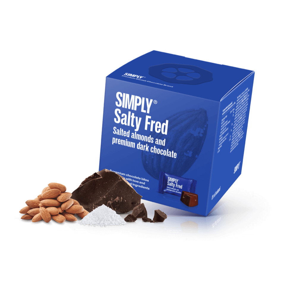 Simply® Salty Fred - Cube med bites | Saltede, ristede mandler med premium mørk chokolade