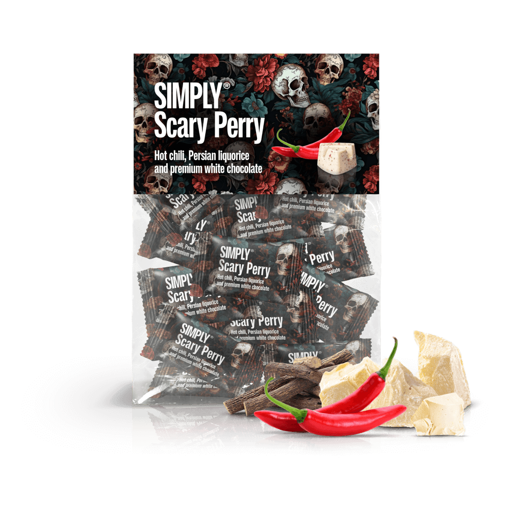 Simply® Scary Perry - 20 Bites | Hot chili, persisk lakrids og premium hvid chokolade